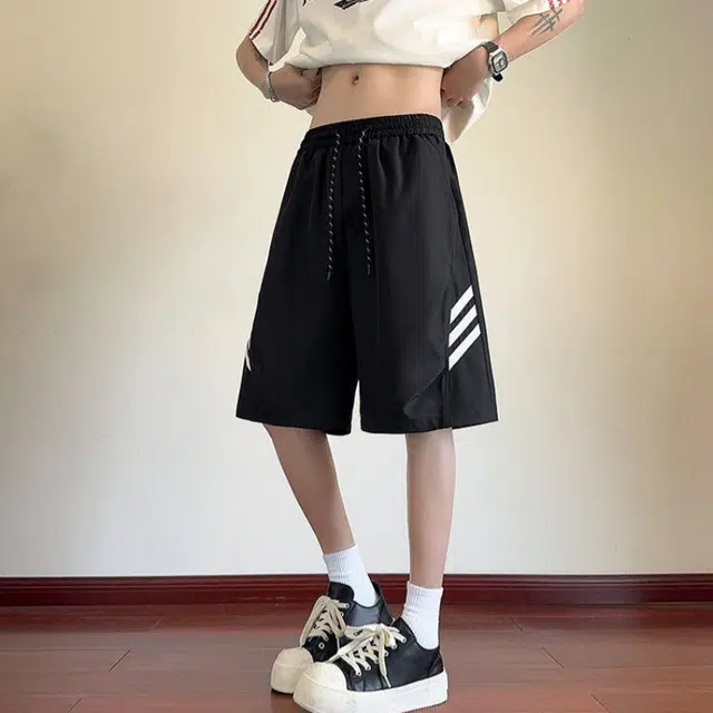 加荣 美式条纹运动男夏季薄款透气高街痞帅青少年篮球中裤潮牌百搭五分休闲短裤 男女同款