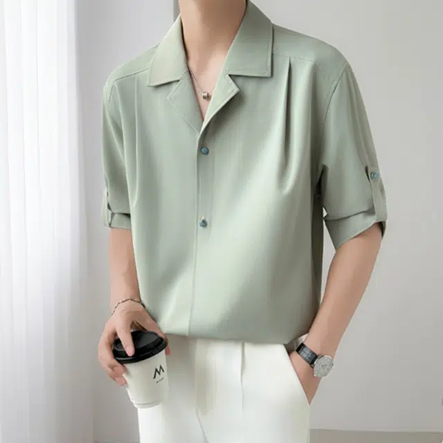 加荣 高级设计感翻领薄款透气潮流百搭绿松石扣设计穿搭垂感五分短袖衬衫 男女同款