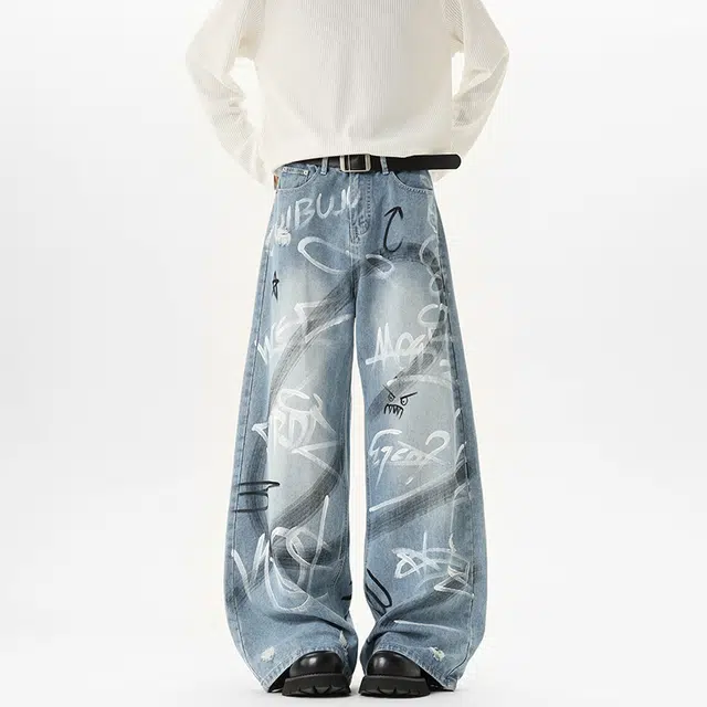 加荣 美式涂鸦印花牛仔裤男秋季复古水洗做旧阔腿裤男款潮流设计感百搭休闲裤男士街头痞帅宽松弯刀裤男小众情侣炸街直筒长裤 男女同款