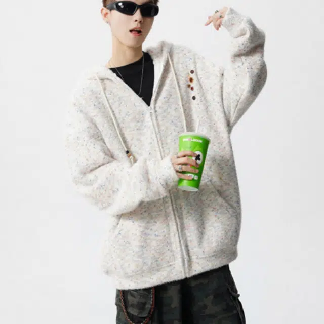 加荣 美式渐变针织开衫毛衣男宽松慵懒风抽绳连帽卫衣男款时尚潮流男士款通勤百搭衫男装秋季小香风高级舒适外套上衣 男女同款