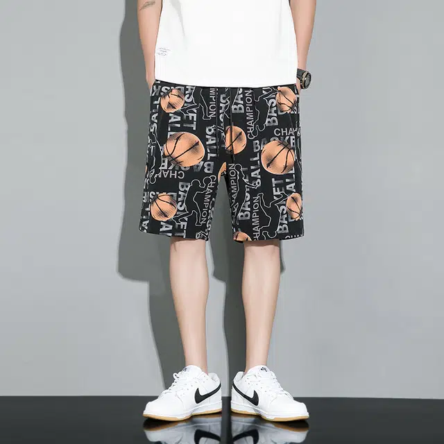 加荣 薄款速干冰丝裤潮流百搭凉感夏威夷风沙滩裤印花大码宽松直筒夏日户外设计感运动五分裤休闲短裤 男女同款