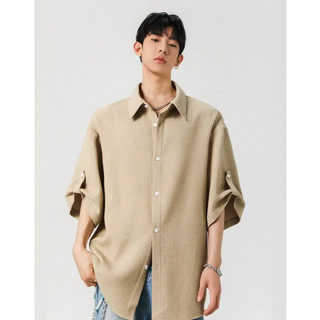 加荣 潮牌痞帅大码美式休闲宽松青少年纯色简约学生白色帅气高级感翻领华夫格五分袖短袖衬衫 男女同款