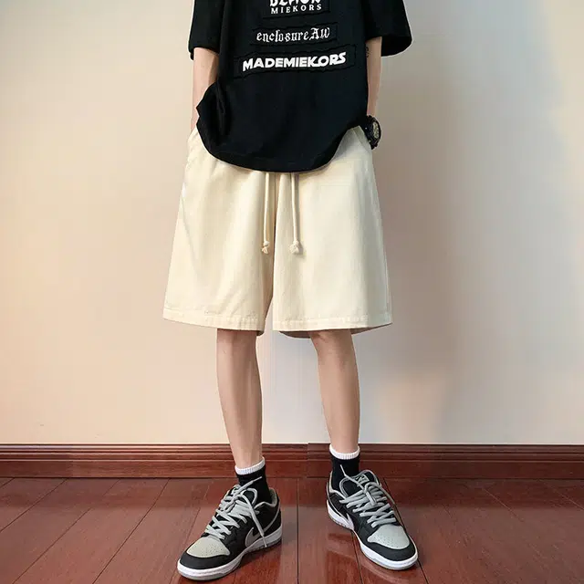 加荣 纯棉短裤男夏季薄款透气休闲裤宽松直筒裤夏天男士户外运动裤青少年美式篮球裤松紧腰裤子日系复古五分裤 男女同款 纯色简约中裤
