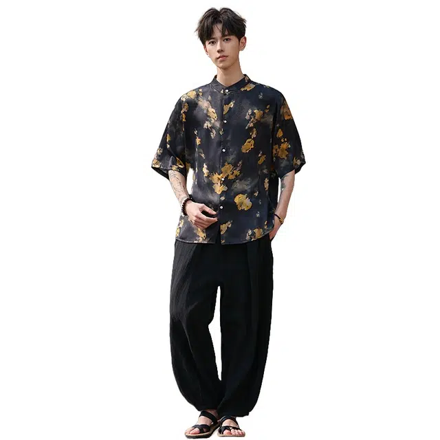 加荣 新中式提花中国风圆领印花夏季薄款透气潮牌青少年户外出行时尚百搭立领衬衣衬衫 男女同款