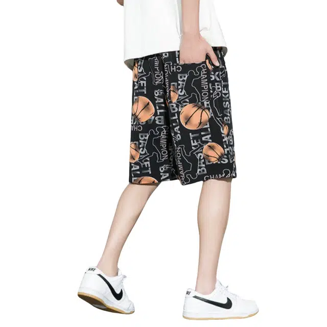 加荣 薄款速干冰丝裤潮流百搭凉感夏威夷风沙滩裤印花大码宽松直筒夏日户外设计感运动五分裤休闲短裤 男女同款