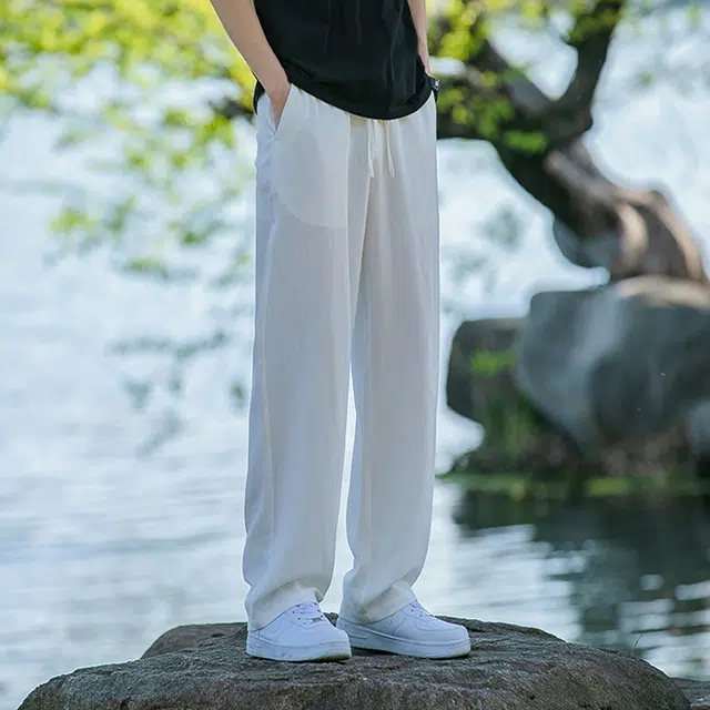 加荣 男士高端凉感天丝亚麻裤男夏季薄款透气棉麻裤子夏天清凉舒适冰丝裤宽松直筒轻奢简约休闲裤中国风中式男装大码阔腿长裤 男女同款