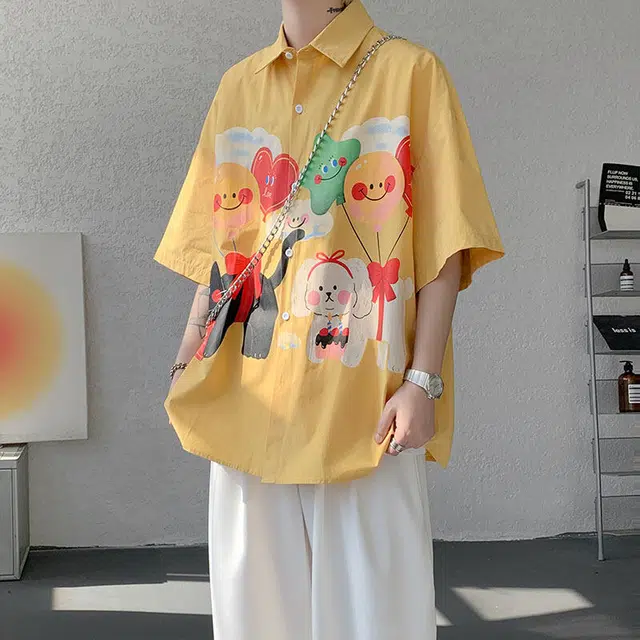 加荣 青少年薄款卡通动漫设计感半袖上衣潮牌户外凉感速干冰丝衬衣初高中学生翻领百搭开衫夏日短袖衬衫 男女同款