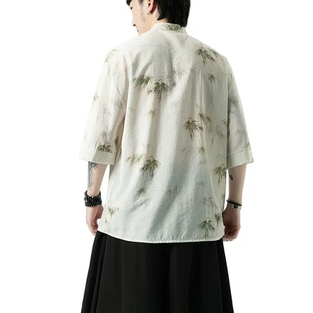 加荣 潮牌户外凉感速干衬衣国潮新中式改良汉服中国宽松休闲外套竹子印花小众设计感短袖衬衫 男女同款