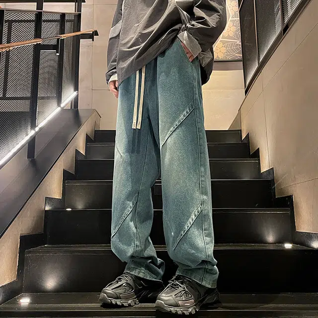 加荣 春秋通勤时尚男款裤慵懒风亲肤透气男拖地裤复古拼接设计感男士款裤高街水洗直筒裤男学院风日常男裤显高显瘦抽绳男长裤 男女同款