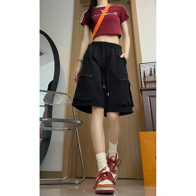 加荣 速干冰丝透气凉感松紧腰系带简约薄款纯色百搭户外休闲宽松大码五分工装短裤 男女同款