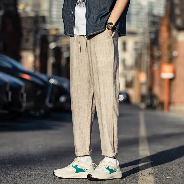 加荣 亚麻九分裤夏季薄款透气夏天凉感舒适新中式条纹裤中国风复古小脚裤夏日清凉松紧腰九分休闲裤 男女同款