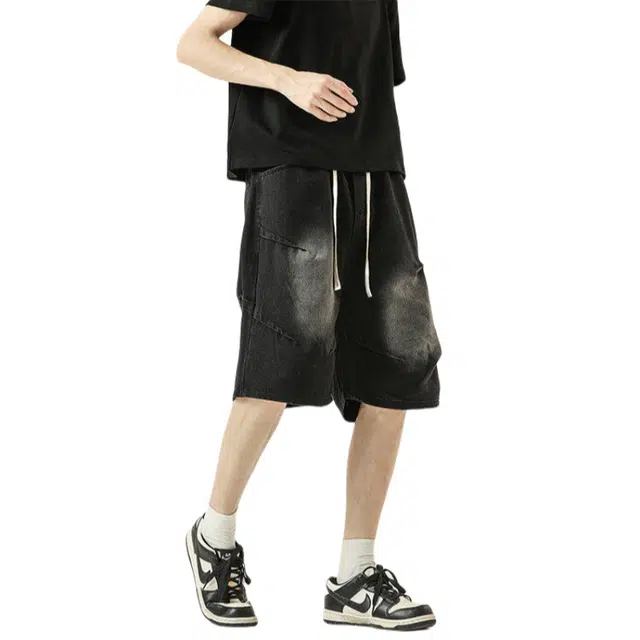 加荣 美式小众设计感青少年日常出行通勤褶皱直筒五分裤男夏季轻薄透气休闲中裤潮牌百搭高街牛仔短裤 男女同款