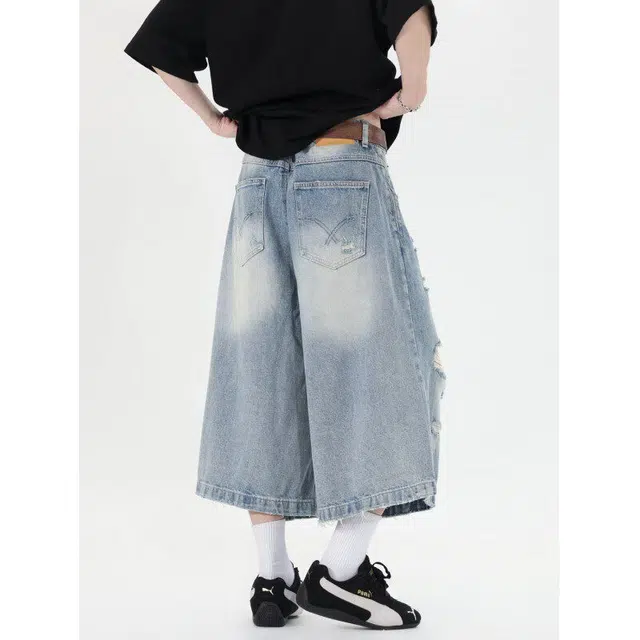 加荣 美式街头风小众破坏感薄款透气潮牌百搭水洗宽松休闲做旧七分牛仔短裤 男女同款