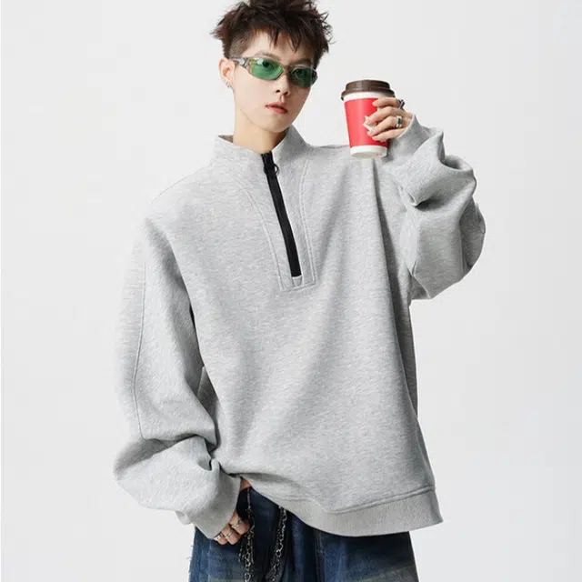 加荣 美式运动风休闲卫衣男秋季宽松百搭解构拉链立领外套男潮流时尚纯色长袖打底衫男装复古高级感半外衣男士设计感上衣 男女同款