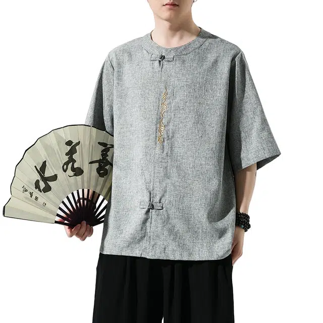 加荣 唐装中国风夏季薄款透气仿麻汉服短袖衬衫复古宽松盘扣立领潮流百搭大码青少年户外出行五分袖衬衣上衣 男女同款
