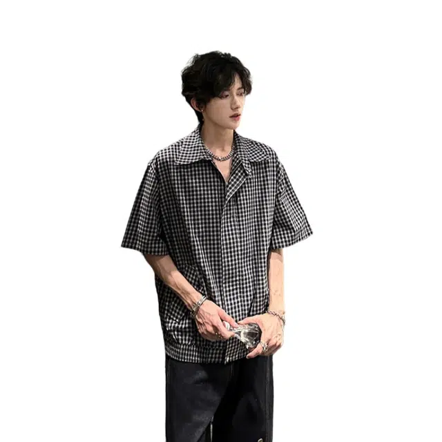 加荣 美式复古少年感格子夏季轻薄透气潮牌青少年户外出行通勤百搭高街翻领拉链设计情侣衬衣衬衫 男女同款