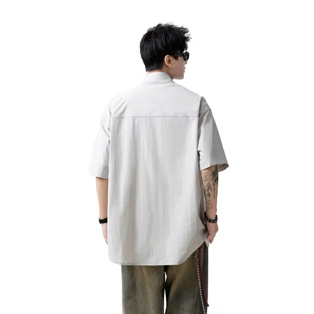 加荣 美式冰丝速干工装短袖衬衫男款夏季轻薄透气潮牌青少年户外出行百搭纯色痞帅小众高级感衬衣休闲外套上衣 男女同款