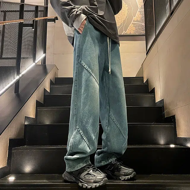 加荣 春秋通勤时尚男款裤慵懒风亲肤透气男拖地裤复古拼接设计感男士款裤高街水洗直筒裤男学院风日常男裤显高显瘦抽绳男长裤 男女同款