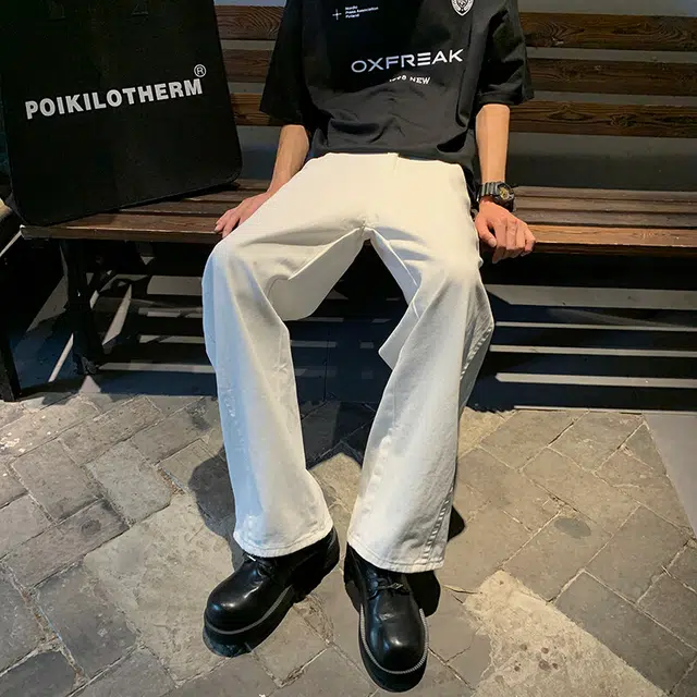 加荣 美式复古拼接弯刀牛仔裤薄款透气潮牌高街青少年日常出行百搭宽松休闲拖地直筒阔腿裤长裤 男女同款
