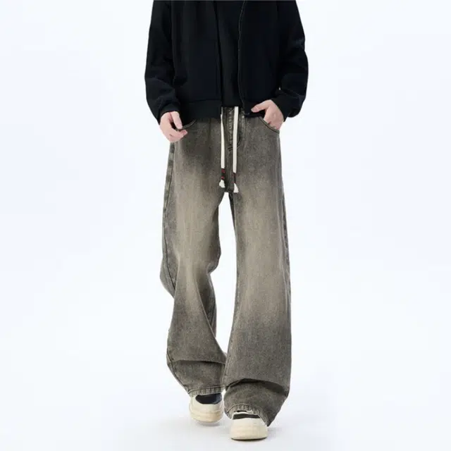 加荣 美式复古水洗牛仔裤男秋季宽松阔腿裤男款潮牌高街休闲直筒裤青少年帅气男装裤子慵懒风松弛弯刀裤男士小众设计长裤 男女同款