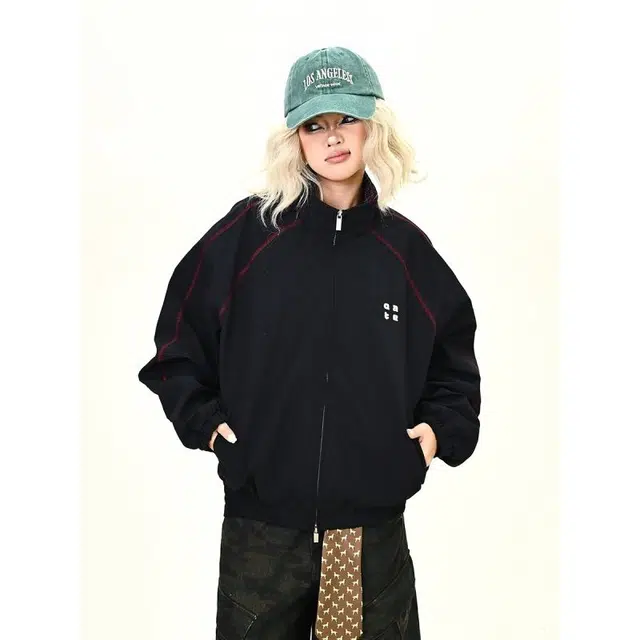 加荣 美式格子拼接设计拉链夹克男款简约字母刺绣立领插肩外衣女宽松潮牌男装上衣早秋街头复古冲锋衣男百搭运动休闲女装外套 男女同款