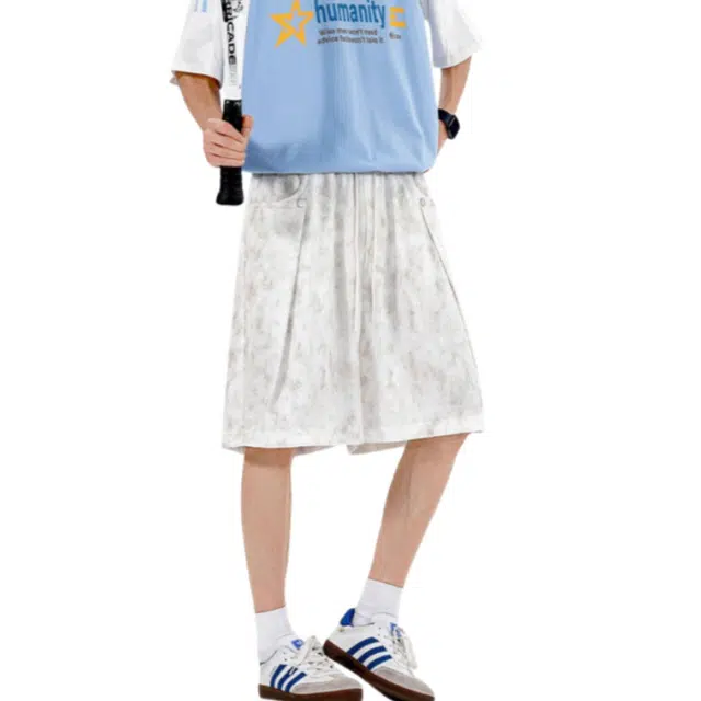 加荣 美式潮肌理感扎染薄款透气垂坠感中裤青少年户外出行百搭痞帅小众设计感直筒宽松阔腿五分裤工装短裤 男女同款