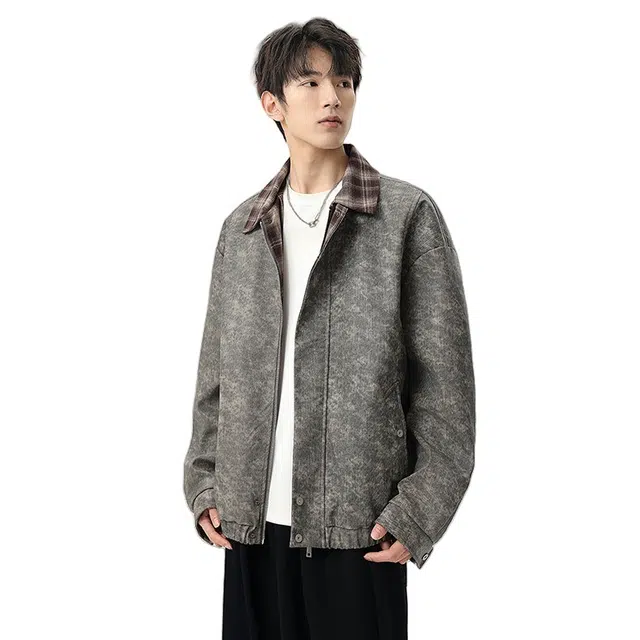 加荣 美式复古潮流秋季男士款纯色简约宽松百搭男上衣休闲日常通勤落肩防风保暖男长袖夹克青少年时尚春秋开衫男外套 男女同款