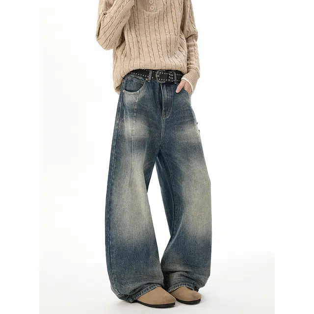 加荣 美式潮牌水洗直筒牛仔裤男秋季休闲复古擦色阔腿裤男款小众设计感弯刀裤男装百搭宽松拖地裤男士高街痞帅男生长裤 男女同款