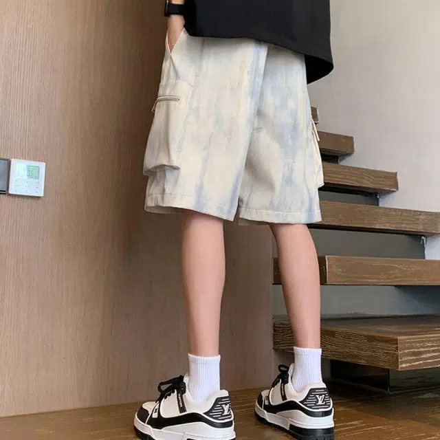 加荣 薄款透气美式扎染潮流高街多口袋宽松休闲运动五分裤工装短裤 男女同款