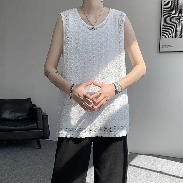 加荣 薄款宽松休闲圆领青少年户外街头无袖坎肩跑步健身透气潮流慵懒纯色镂空设计感背心 男女同款