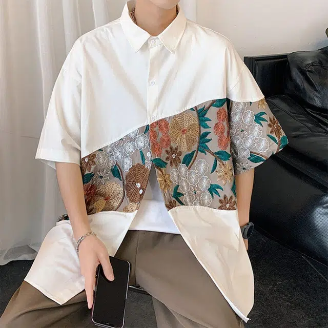 加荣 中国风高级感痞帅薄款透气青少年百搭国潮流刺绣短袖衬衫 男女同款