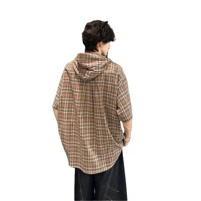 加荣 经典格子连帽口袋休闲舒适百搭宽松短袖衬衫 男女同款