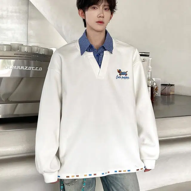 加荣 美式复古条纹翻领头男秋卫衣拼接套头假两件无帽外套纯色内搭叠穿打底字母设计男休闲衣服宽松高级感小众日常长袖男上衣 男女同款