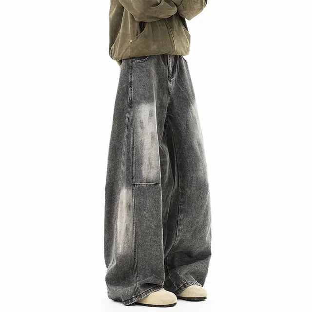加荣 早秋宽松水洗做旧牛仔裤男美式复古分割拼接弯刀裤男款休闲阔腿裤直筒百搭男士裤子时尚高级感痞帅拖地长裤 男女同款