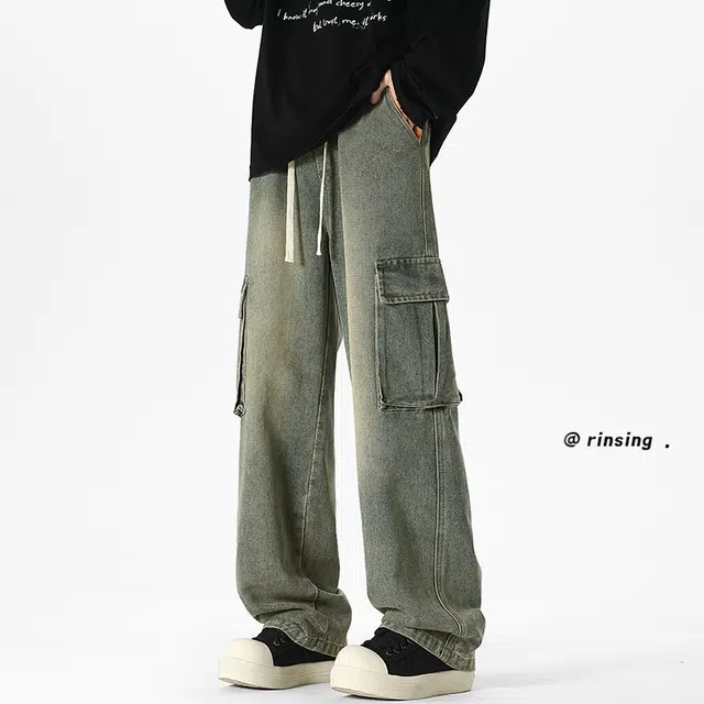 加荣 日常百搭男裤子美式学院风水洗做旧男牛仔裤宽松休闲工装大口袋男拖地裤高街复古男直筒春秋适亲肤显高显瘦男长裤 男女同款