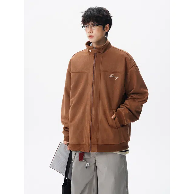 加荣 美式复古麂皮绒立领夹克男加肥加大码痞帅上衣服男款秋季重磅高街情侣衫休闲百搭高级感飞行男潮流时尚外套 男女同款