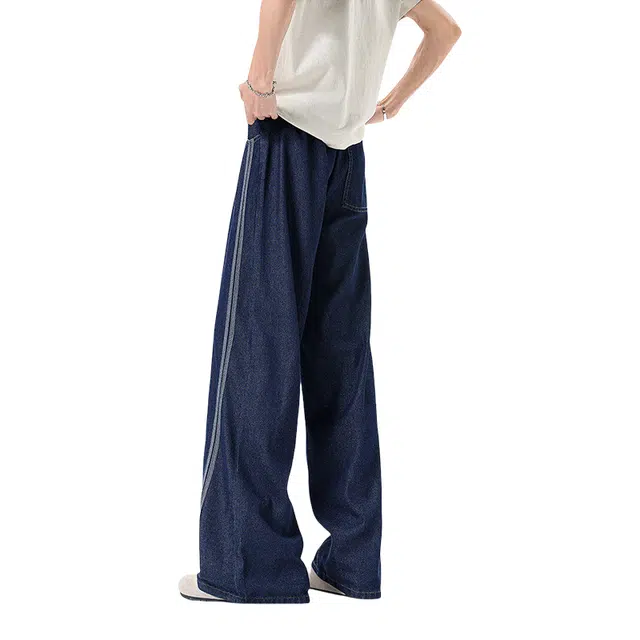 加荣 美式复古条纹薄款透气凉感莱赛尔冰丝裤宽松直筒垂感轻奢小众炸街裤慵懒风美式宽松拖地裤牛仔裤 男女同款