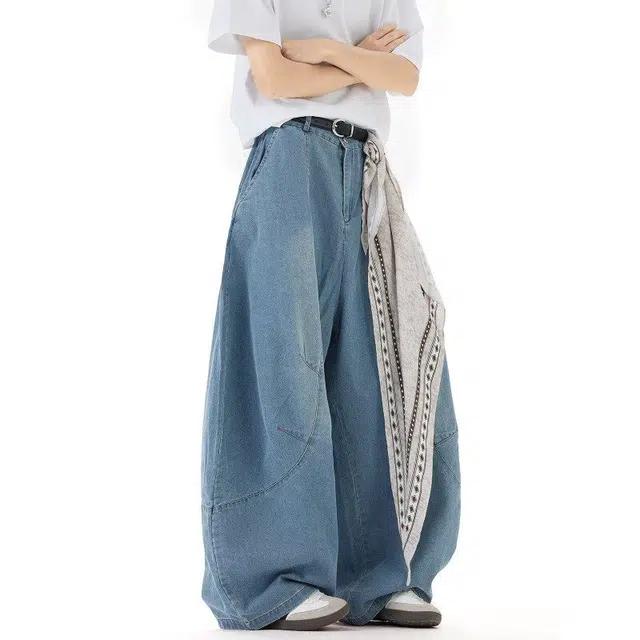 加荣 美式复古设计感方巾配饰廓形弯刀薄款透气潮牌痞帅百搭宽松阔腿牛仔裤 男女同款