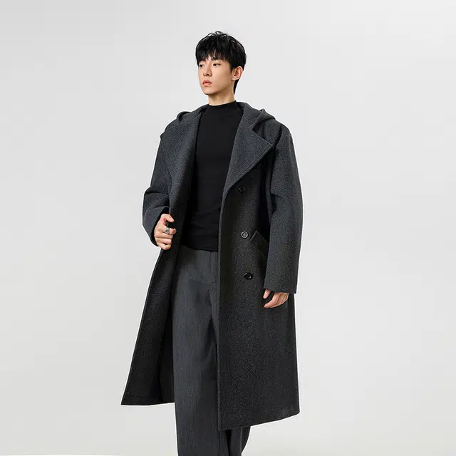 加荣 纯色基础款连帽高级感毛呢长款过膝青少帅气慵懒风松弛感防风风衣 男女同款