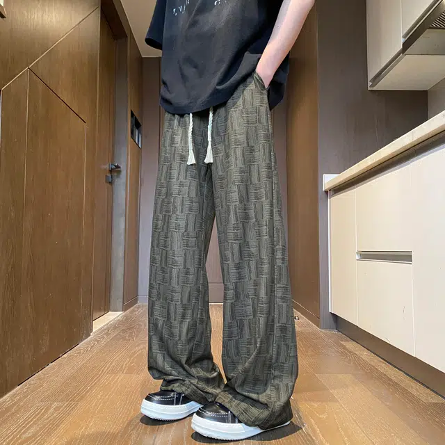 加荣 设计感格子凉感速干大码青少年潮流美式高级感直筒裤夏日薄款透气慵懒宽松阔腿裤抽绳长裤休闲裤 男女同款