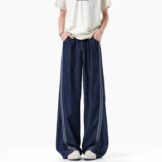 加荣 美式复古条纹薄款透气凉感莱赛尔冰丝裤宽松直筒垂感轻奢小众炸街裤慵懒风美式宽松拖地裤牛仔裤 男女同款