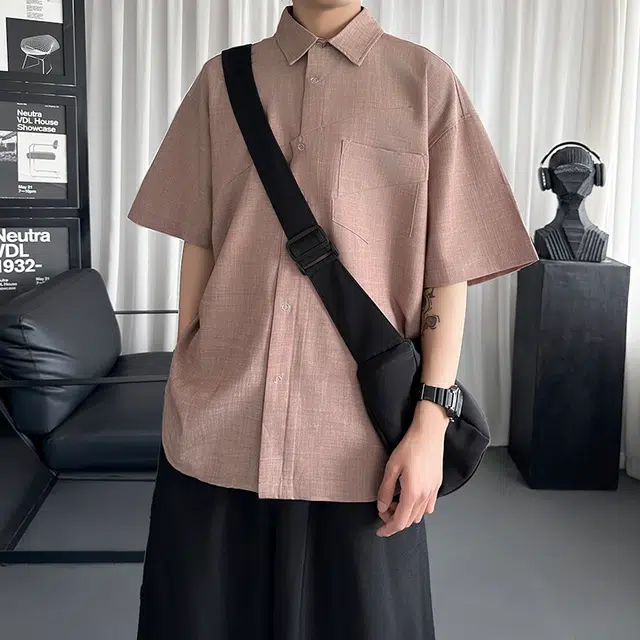 加荣 错位解构宽松休闲纯色简约薄款港风痞帅设计小众潮流短袖衬衫 男女同款