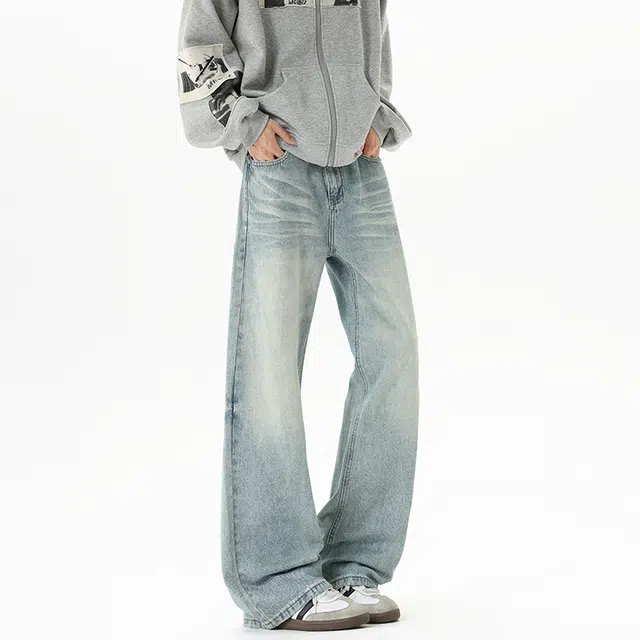 加荣 美式复古弯刀牛仔裤男款潮牌高街水洗微喇裤子男宽松休闲阔腿裤男士直筒裤男装可系皮带基础款长裤 男女同款