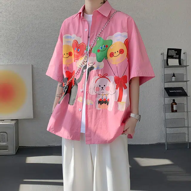 加荣 青少年薄款卡通动漫设计感半袖上衣潮牌户外凉感速干冰丝衬衣初高中学生翻领百搭开衫夏日短袖衬衫 男女同款