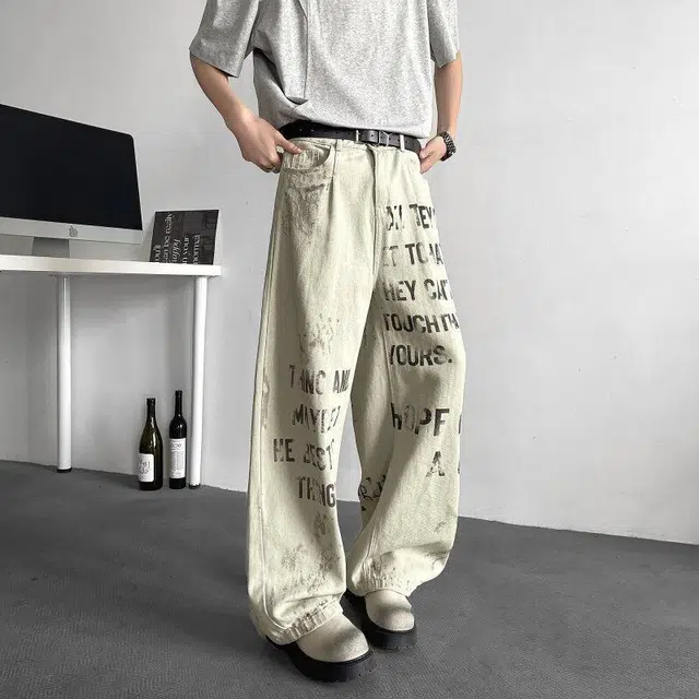 加荣 美式复古设计感字母牛仔裤男秋季潮流时尚宽松休闲松紧直筒裤春秋高级感男裤青少年潮牌痞帅裤通勤百搭基础男士长裤 男女同款