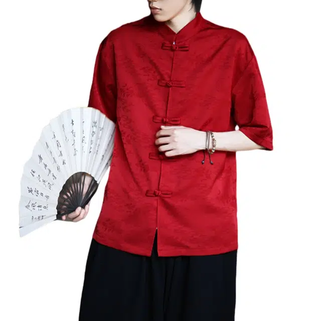 加荣 新中式唐装男夏季薄款透气冰丝短袖衬衫改良汉服大码中国风青少年户外出行百搭盘扣五分袖衬衣上衣 男女同款