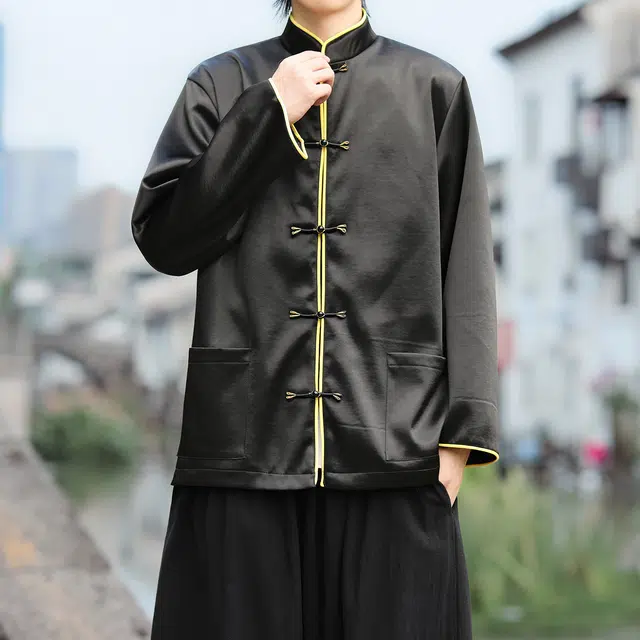 加荣 新中式长袖夹克男款简约百搭盘扣唐装男士秋季宽松休闲太极服男装上衣时尚高级感衬衣青少年款潮流立领中山装外套 男女同款