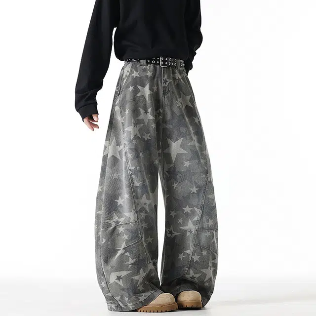 加荣 美式复古星星印花做旧牛仔裤男秋季宽松休闲裤男潮流百搭弯刀裤男士慵懒风松弛感直筒裤男款青少年帅气男装裤子高级长裤 男女同款