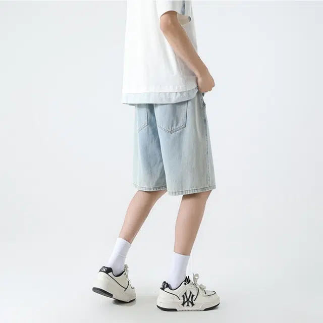 加荣 美式夏季薄款透气休闲宽松抽绳直筒水洗高街潮流复古青少年运动牛仔短裤 男女同款