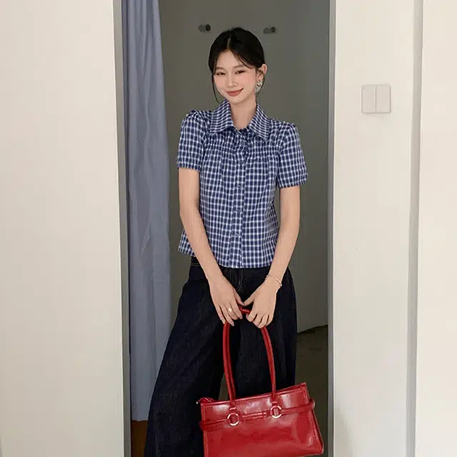 依钗 短款宽松百搭短袖格子韩系高级感洋气翻领上衣甜酷休闲风衬衫 女款